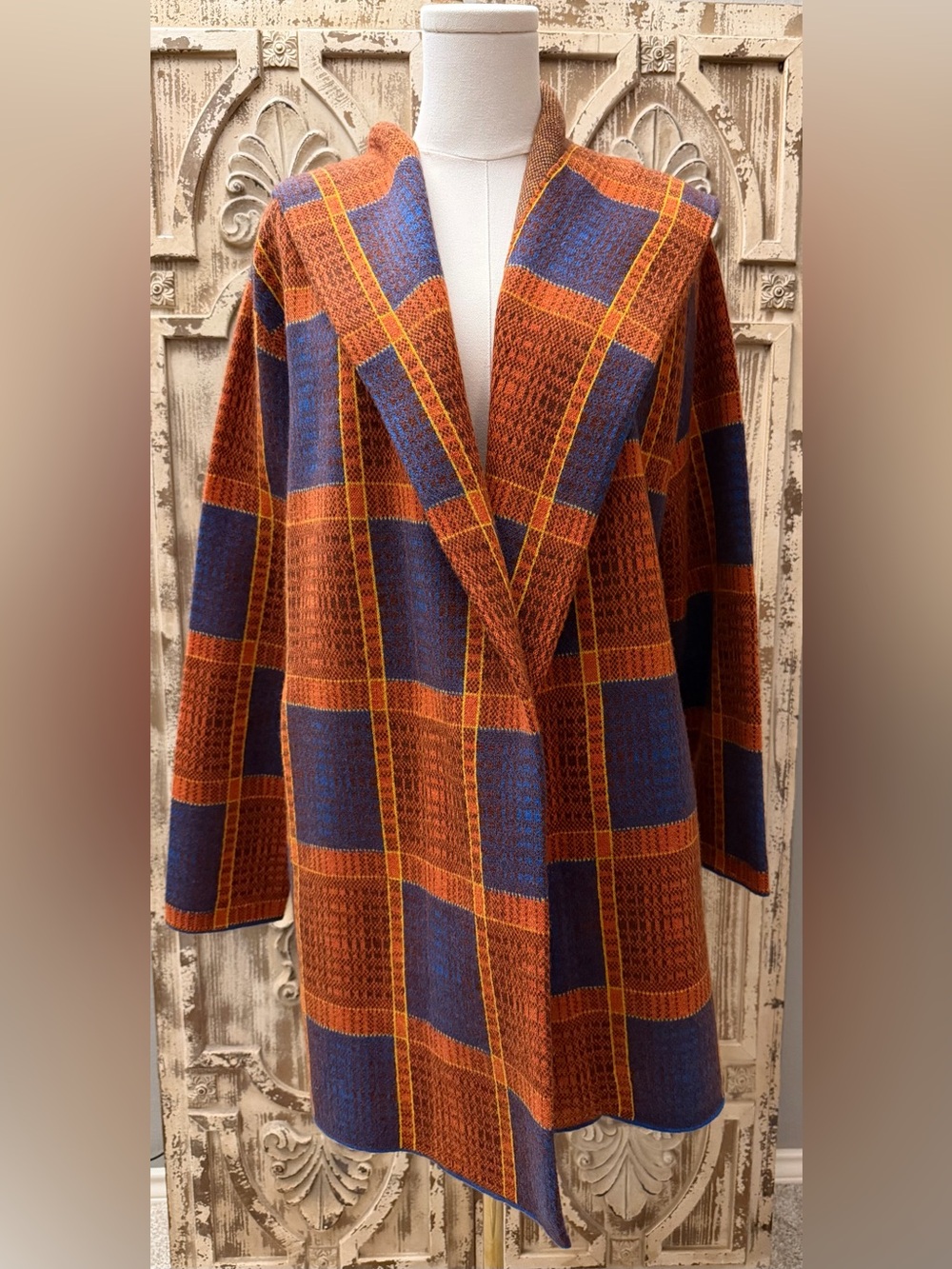 Field Flower (Anthropologie) Open-Front Plaid Knit Coatigan